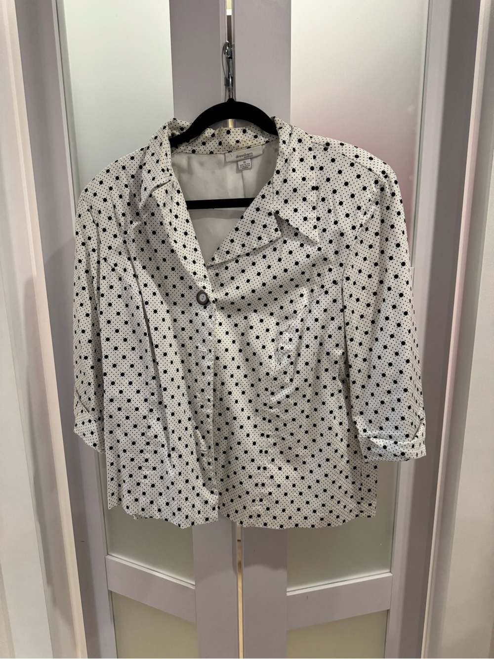 dressbarn Woman Black Polka Dot Blouse on Cream